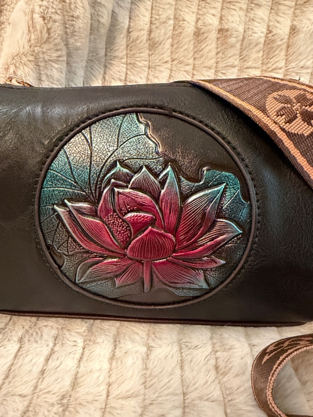 Lotus Blossom Black Crossbody Bag